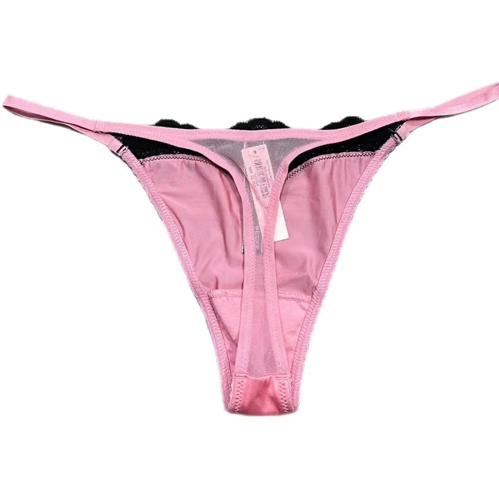 Victorias Secret RARE Supersoft Satin Lace waist Thong panty Pink  Medium